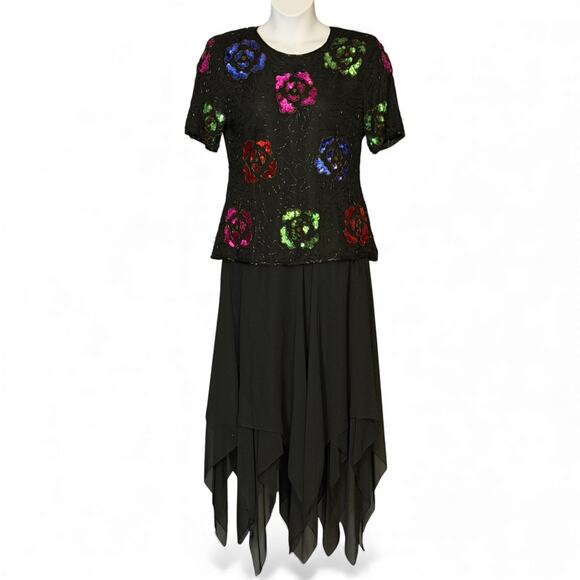 Vintage 80s Stenay Silk Beaded Sequin Top Sz L Floral Black Evening Party Retro - Picture 10 of 10